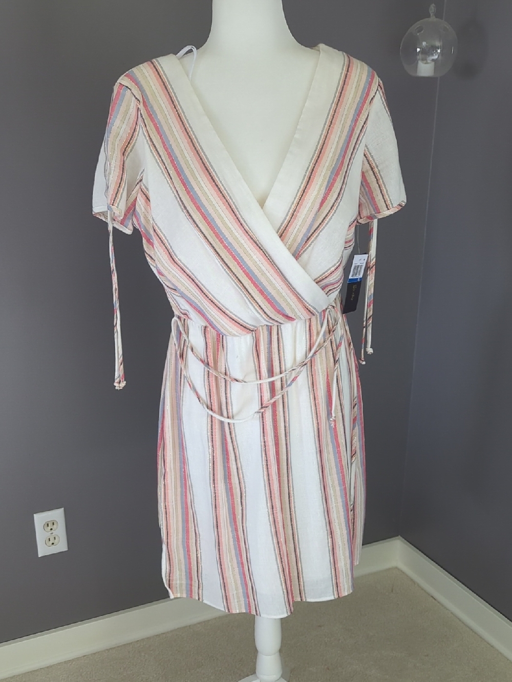 City Studio Cream Wrap Dress with Stripes and Gold Detail